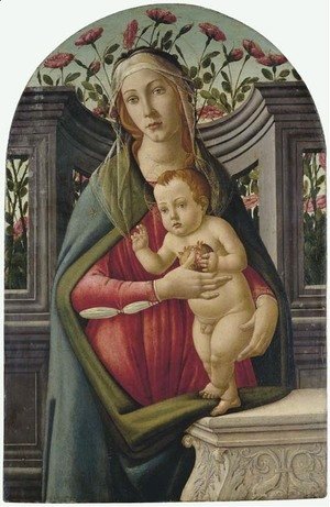 Sandro Botticelli (Alessandro Filipepi) - The Madonna and Child, with a pomegranate, in an alcove with roses behind