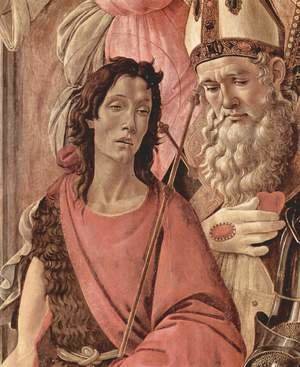 Altarpiece, Madonna Enthroned main panel, four angels and saints, St. John the Baptist detail and St. Ignatius